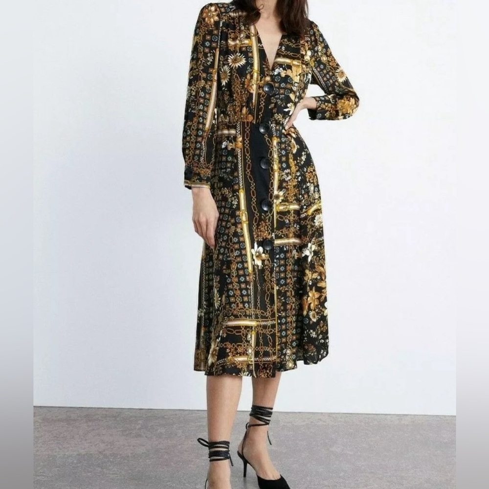 Zara Flowing Rope & Chain Print Midi Dress in Black, Yellow & Brown Colors Sz S